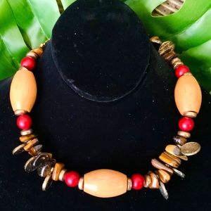 Handmade Vintage NECKLACE ⭐️GENUINE TIGERS EYE /NATURAL WOOD/COIN BEADS -NEW